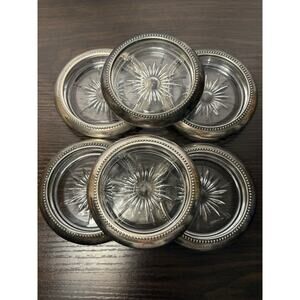 Vintage Silver Plated Glass Coasters MCM Set of 6 Starburst